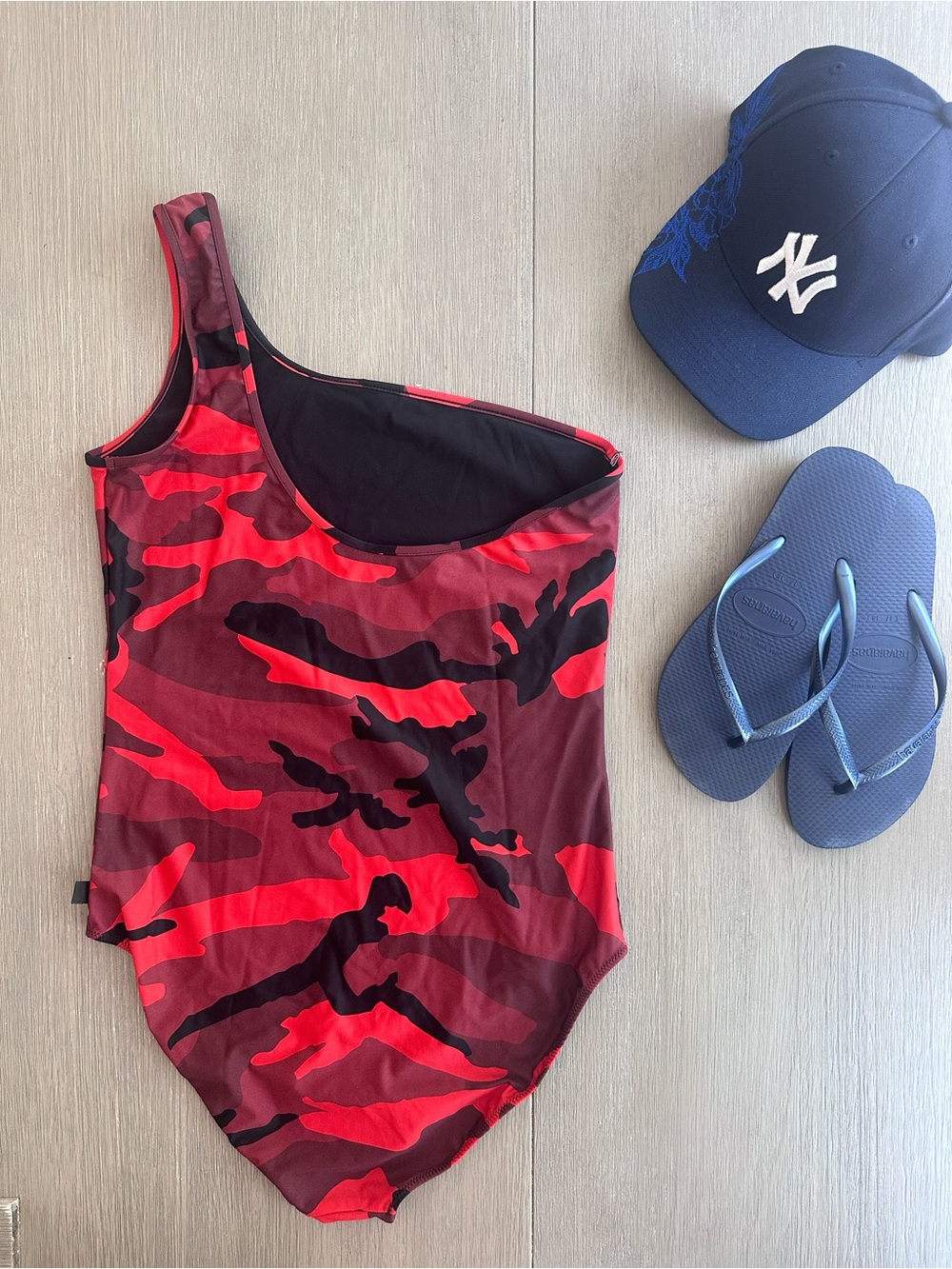 Balenciaga Red and Black Camouflage One-Shoulder Swimsuit. NWOT. - Picture 2 of 5